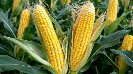 Golden corn cobs in a thriving corn field, surrounded by tall stalks and fresh green leaves, sunlight filtering through the plants, signaling a rich harvest season