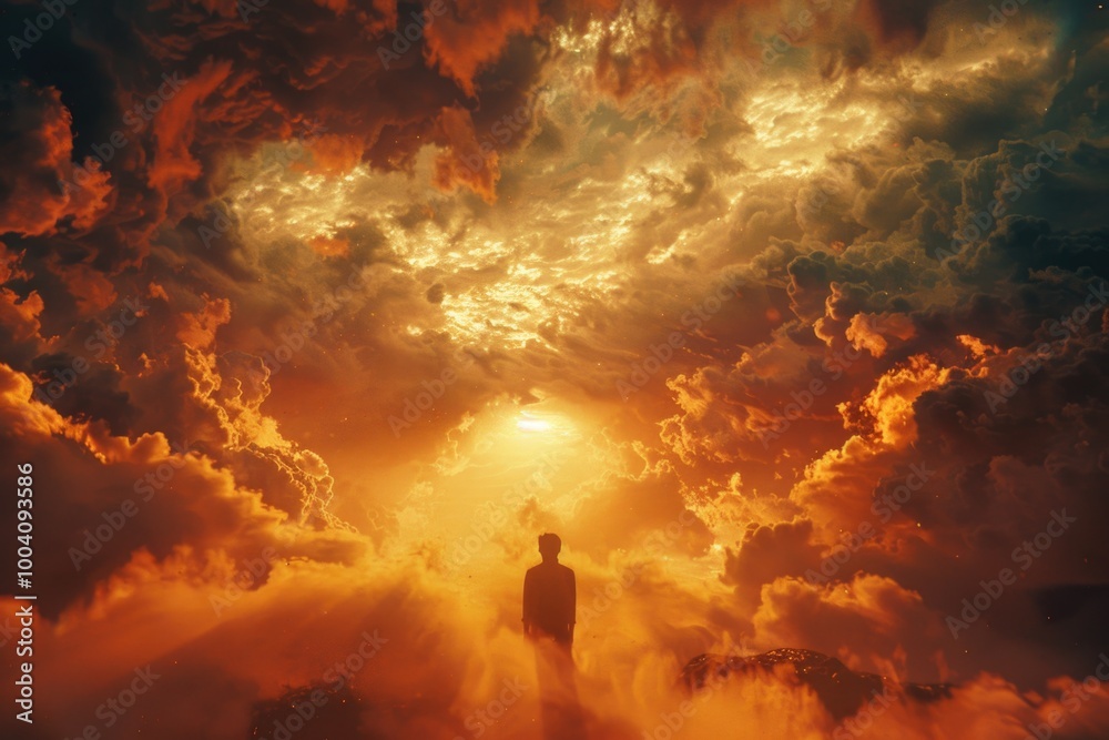 Poster a person standing in the middle of a cloudy sky, with clouds and blue sky visible around them