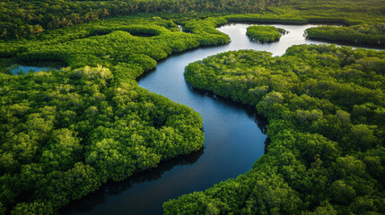 Fototapeta premium Winding river through lush green forest at sunrise near remote wilderness area