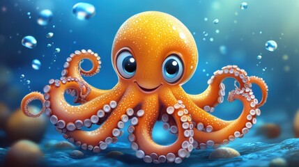 Smiling cartoon octopus underwater, orange with big blue eyes, bubbles floating around, cute marine life, animated sea creature, underwater scene, fun ocean character, colorful aquatic animation