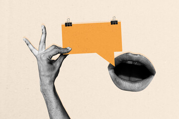 Composite trend artwork sketch image 3D photo collage of abstract omg lips gossip news hand finger...