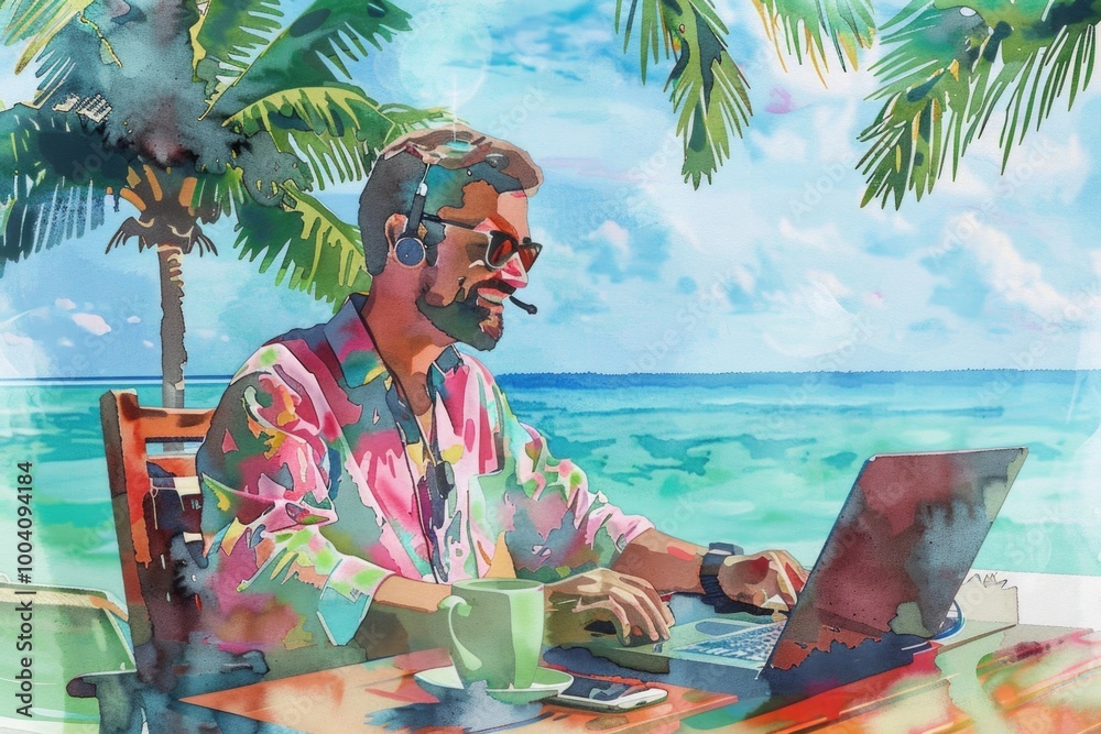 Poster a person sitting at a desk using a laptop computer, suitable for office or workspace scenes
