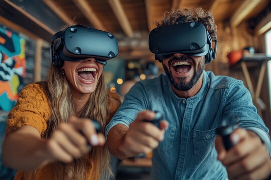 An enthusiastic couple engages in a lively virtual reality game, holding controllers and wearing headsets, symbolizing excitement and shared adventures in technology.