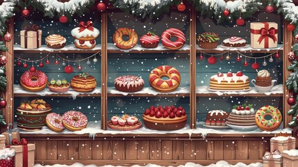 Christmas game shop frame with sweets on wooden shelves. Vector cartoon illustration of holiday store selling delicious donuts, cakes, desserts. Window decorated with garlands, gift boxes and snow 