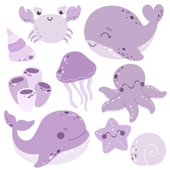 Marine set with whales, shells, crab and octopus. Cute sea creatures in flat style.