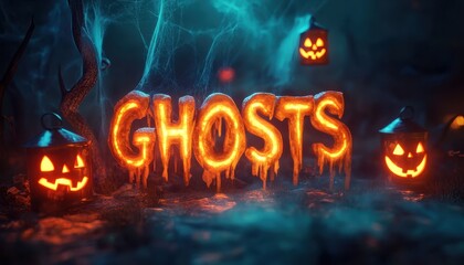 Glowing "Ghosts" Word Formed from Lava-Like Material in a Dark, Spooky Forest