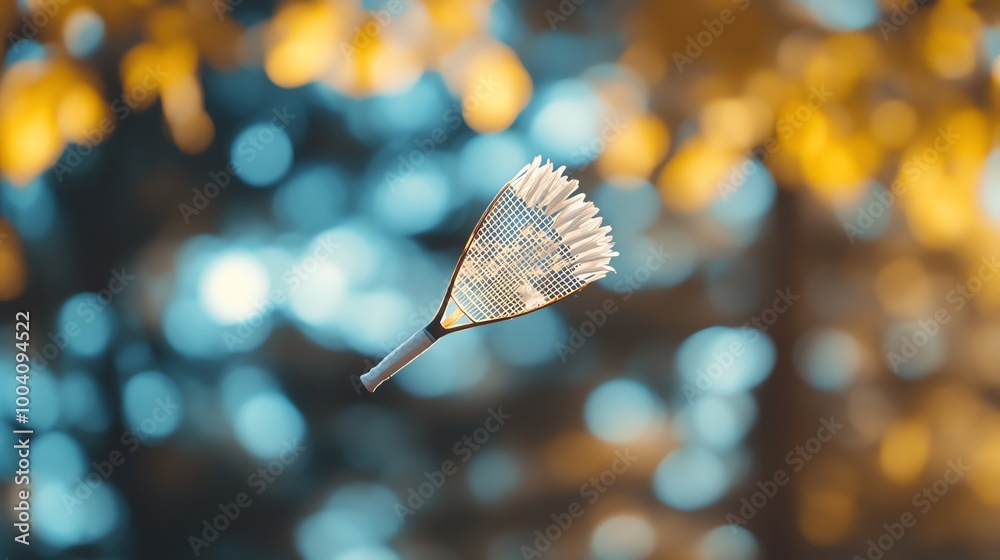 Canvas Prints A badminton shuttlecock in mid-air against a blurred background of blue and yellow bokeh.