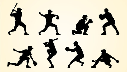 A collection of black silhouettes depicting various baseball players in action, showing positions like batting, pitching, catching, and fielding, set against a light background.