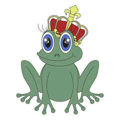 A frog in a royal crown isolated white background. Flat style cute frog Princess template design. Vector can used t-shirt print children's book illustration.