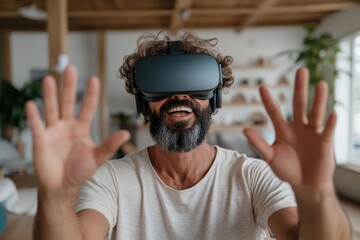 A man experiencing virtual reality with a VR headset, fully engaged and smiling, as he explores immersive digital landscapes in his stylish home environment.