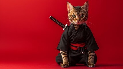A Bengal cat sits confidently dressed in a black ninja outfit with a red belt, holding a katana. The striking red backdrop accentuates the cat's unique pattern and playful demeanor.