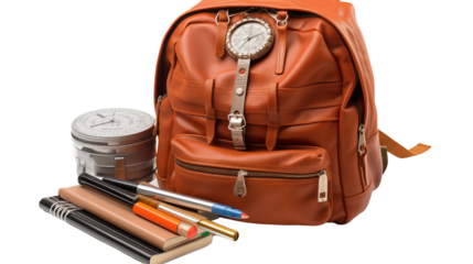 A backpack filled with school supplies including a compass, pencils, and a ruler, studio view, isolated on white background.