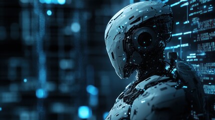 Fototapeta premium High-tech AI robot with intricate digital data motifs.