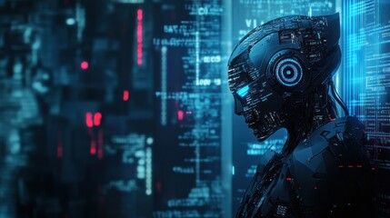 Digital robot in a cyber-themed high-tech setting