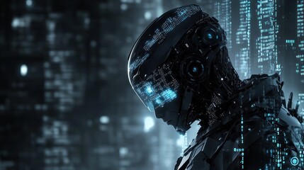 Cybernetic entity with glowing blue matrix faceplate