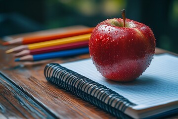 a red apple on a notebook


