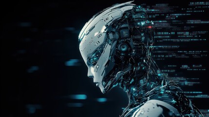 White cybernetic being with floating data streams