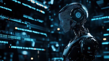 Fototapeta premium Advanced cybernetic construct amid digital backdrops.