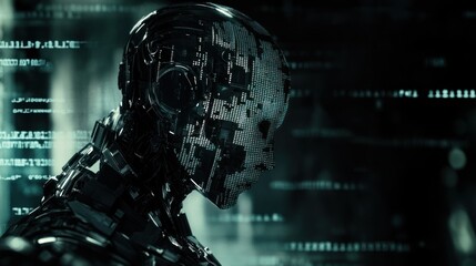 Fototapeta premium Digital cybernetic android with matrix code visuals.