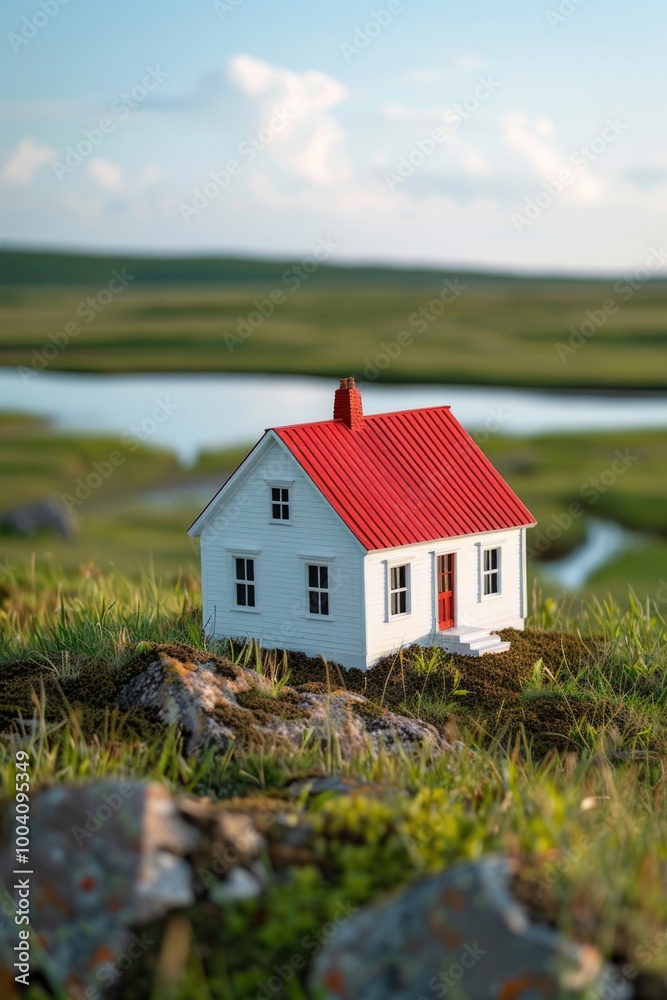 Poster A small white house sits atop a lush green field