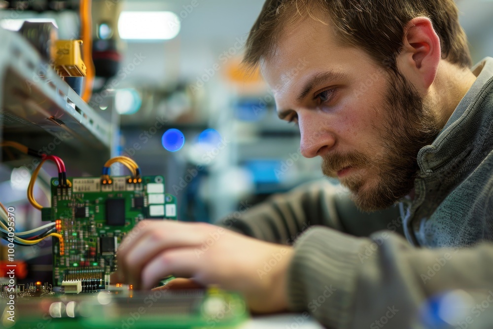 Aufkleber A person assembling electronic components in a factory setting