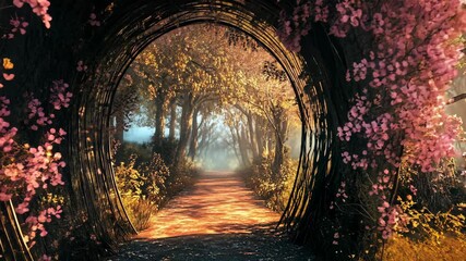 A winding path leads through a mystical forest, framed by an arch of twisting branches and blooming flowers - Powered by Adobe