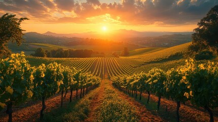 Naklejka premium breathtaking view of a vineyard bathed in golden sunlight rows of grapevines stretching towards the horizon gentle mist enveloping the valley evoking a sense of tranquility and abundance