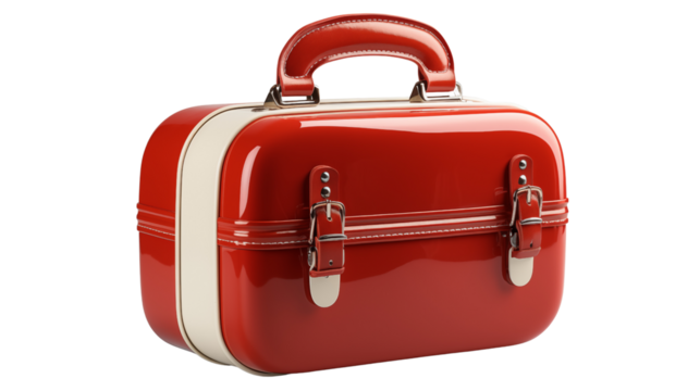 A Red and White Lunch Box, studio view, isolated on white background.