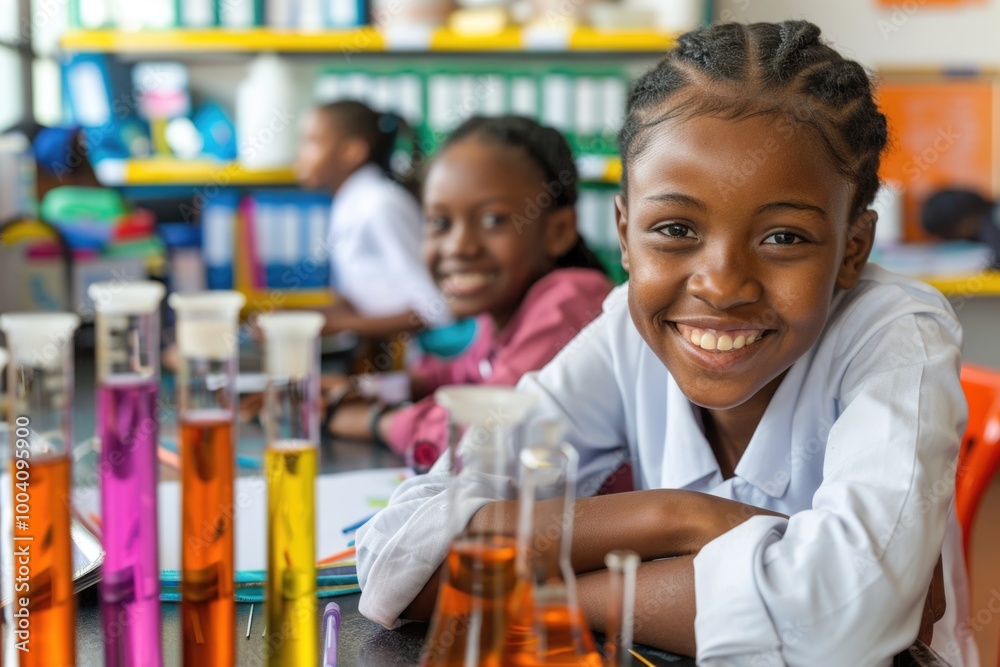 Poster children conducting experiments with test tubes, great for educational and learning concepts