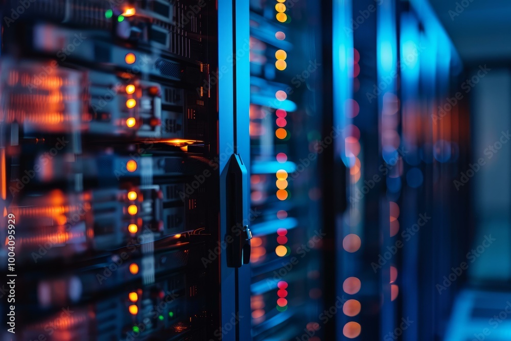 Poster server room with blinking lights showing data transferring through server racks