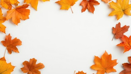 Obraz premium Autumn foliage clustered on left and right edges, neutral backdrop, Seasonal edge, middle space for message