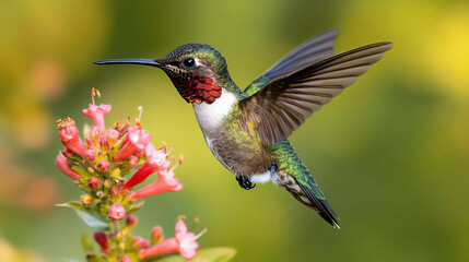 Fototapeta premium A vibrant ruby-throated hummingbird hovering near a flower