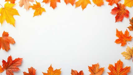 Delicate autumn leaves along top and bottom borders, plain white background, Fall border, text-ready center