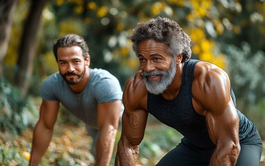 Two men performing pushups on a grassy area in a park, showcasing physical fitness and outdoor exercise.
