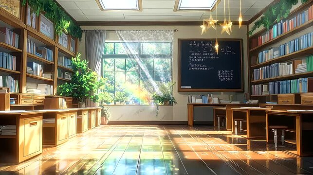 interior classroom with windows and blackboard on wall. video animation background footage 4k.
