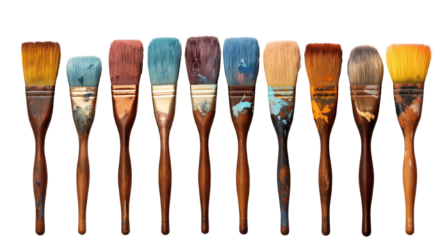 A row of paint brushes, studio view, isolated on white background. - Powered by Adobe