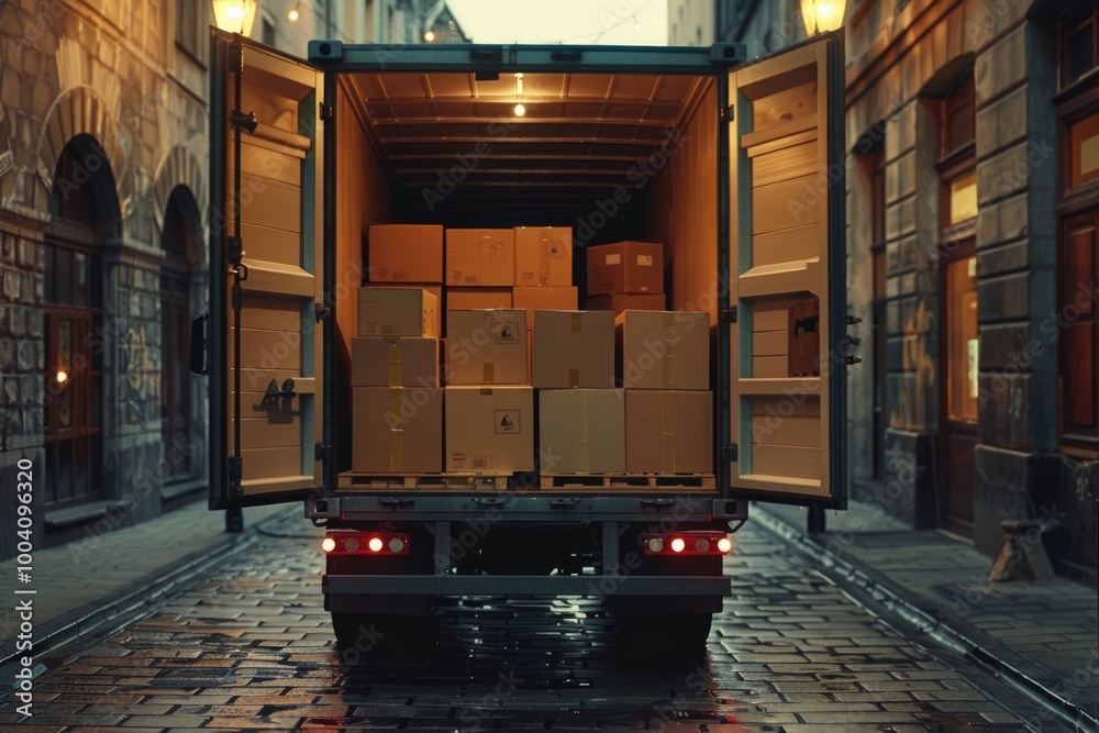 Aufkleber a moving truck with various boxes and containers filled with belongings being transported to a new l