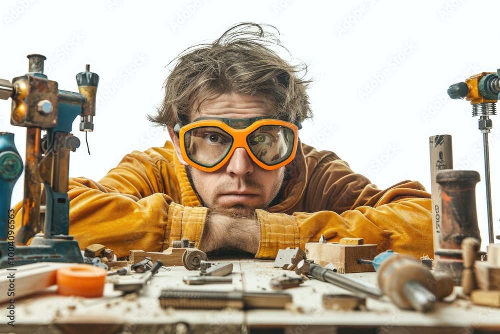 Poster a person in goggles tinkering with wood on a workbench, suitable for use in diy or repair scenes