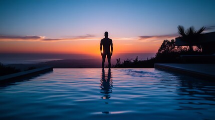A man stands in a pool looking at the sunset.