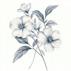 Obraz premium A detailed monochrome illustration of flowers and leaves, showcasing botanical beauty.