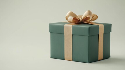 Obraz premium A beautifully wrapped teal gift box with a delicate ribbon sitting elegantly on a soft neutral background, perfect for special occasions