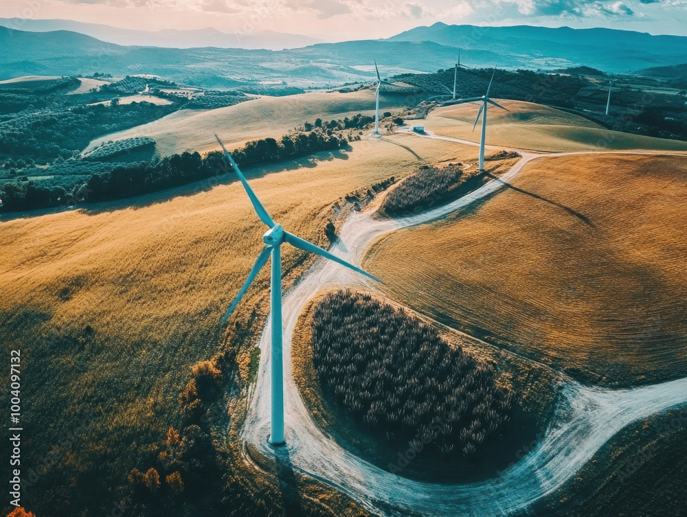 Wall mural expansive green landscape featuring towering wind turbines harnessing renewable energy