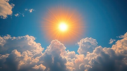 bright sun casting rays through fluffy white clouds in a clear blue sky evoking feelings of warmth and optimism with soft gradients blending seamlessly into the serene atmosphere