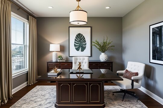 Stylish Office Design Featuring Framed Artwork and Modern Decor Elements