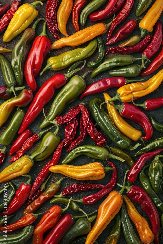 Aufkleber a collection of colorful hot peppers arranged on a table, ideal for use in food and cooking-related 