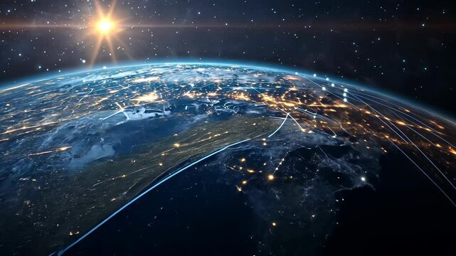 A view of Earth from space with the sun shining brightly and lines connecting cities around the globe