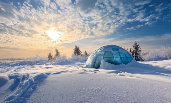 iced igloo in winter landscape at sunset