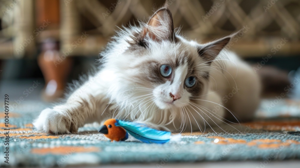 Poster a curious cat plays with a toy on the floor, surrounded by simplicity and playfulness