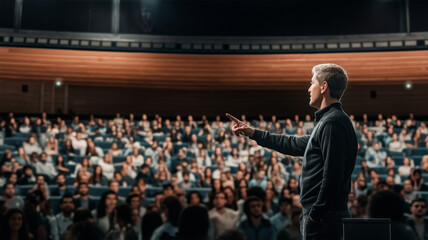 Man in Suit Delivering Public Speech on Stage - Professional Presentation