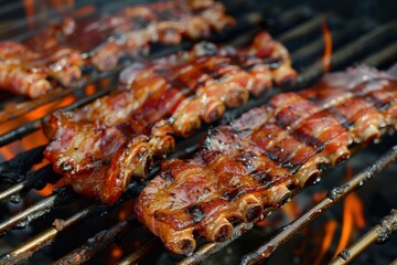 Several slabs of delicious bacon wrapped ribs grilling over a fire on a hot summer day